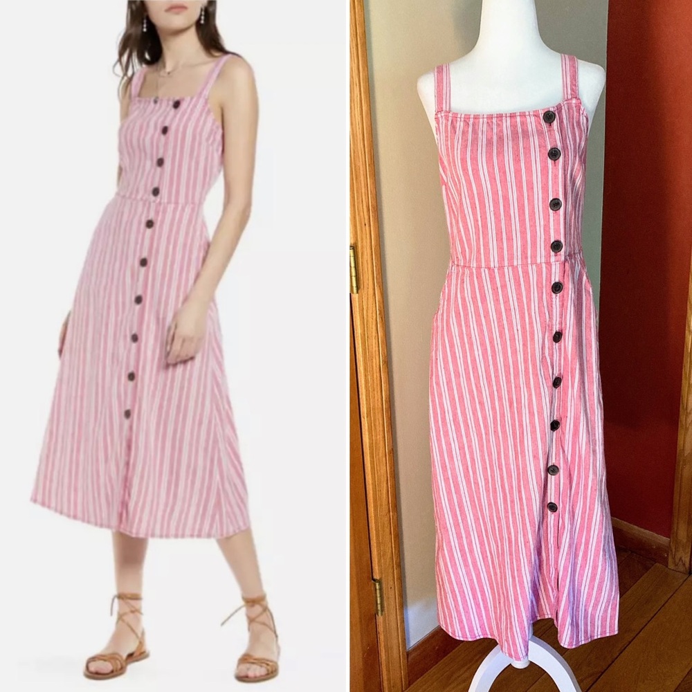 Treasure & Bond Asymmetrical Button Linen Blend Midi Dress Red Stripe Size M